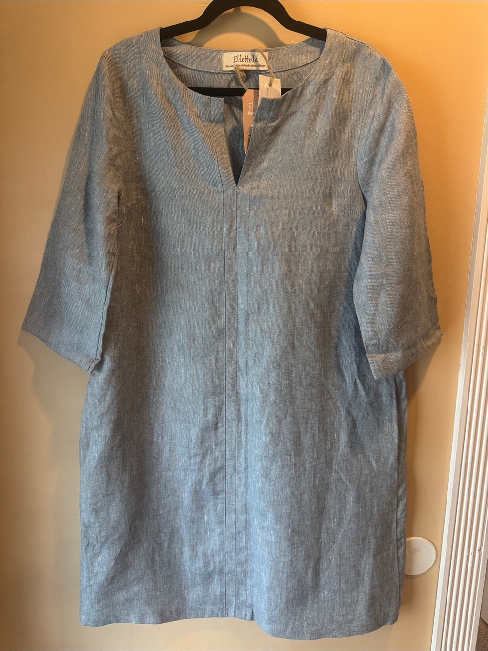 Light Blue Denim European Linen Midi Dress with Notch Neck and Pockets